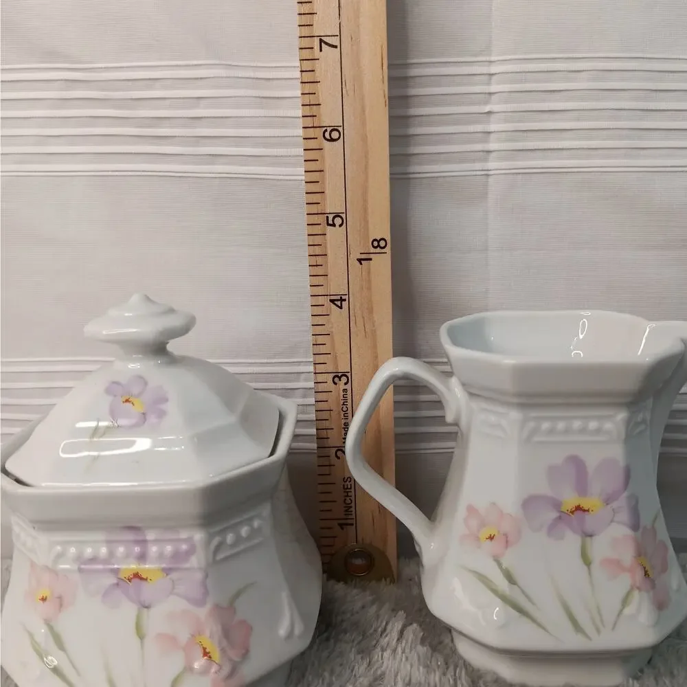 Mitterteich Floral Creamer and Sugar Dish Bowl with Lid White Purple Vintage
